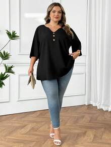 SHEIN CURVE+ Plus Size Casual Black Decorative Button Notched Neck 3/4 Sleeve Loose Blouse, Black Notched Neck Blouse, Fashionable Women Blouse, Going Out Tops - Black - View 9