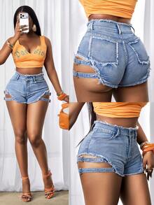 BamGleam 女士性感镂空修身牛仔短裤，夏季 - 淺色水洗藍 - 查看 7