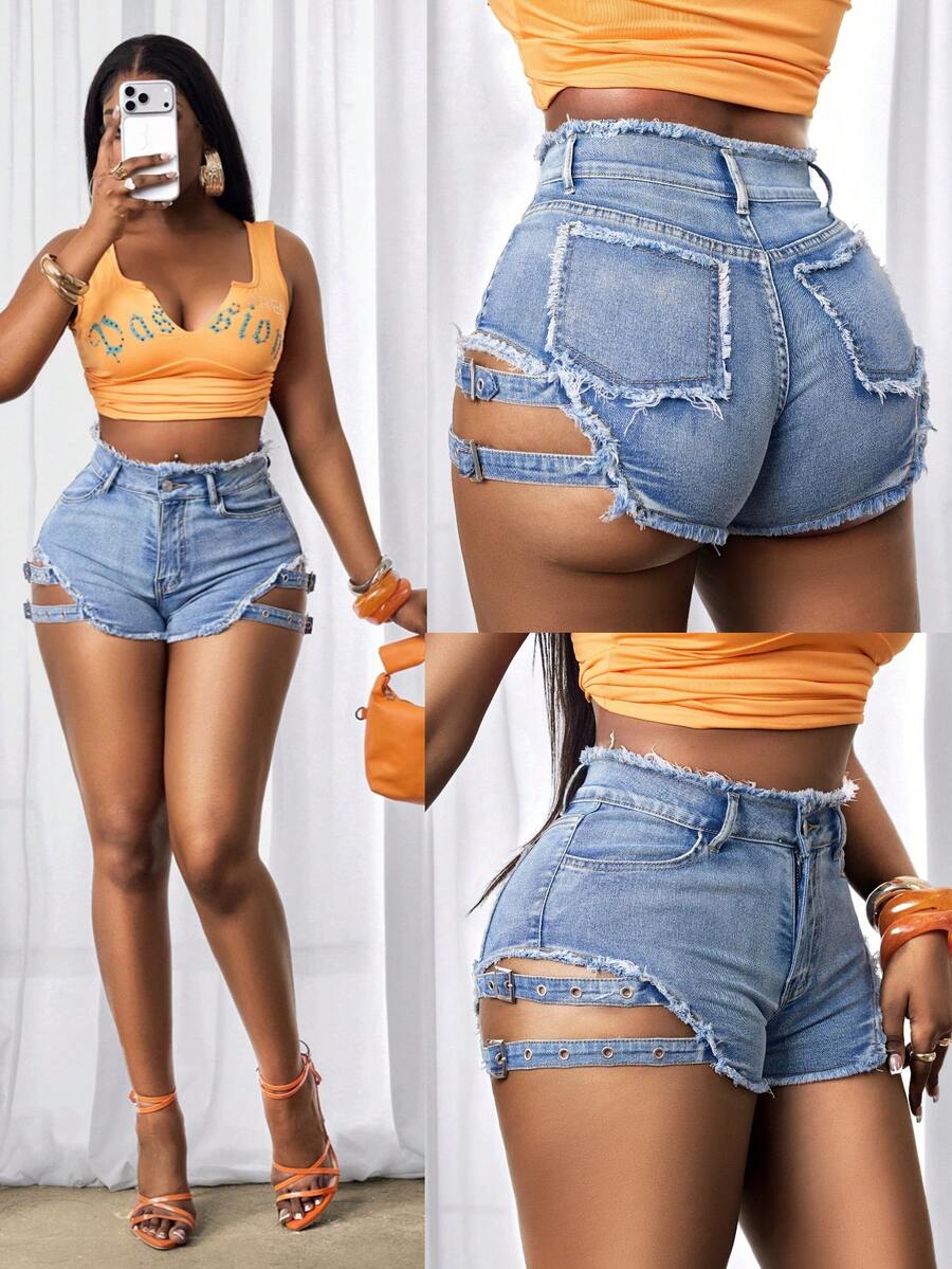 BamGleam Women's Sexy Distressed Hollow Out Fitted Denim Shorts, Summer - Light Wash - View 1