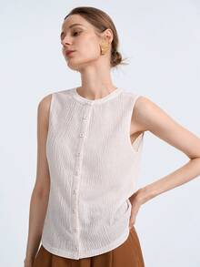 Aalyst Damen Sommer Ausflug, Date, Neujahr, Valentinstag, Ostern, Muttertag, Musikfestival, Naher Osten, Hochzeit, Sophisticated, Modisch, Elegant, Vintage, Casual, Minimalistisch, Pendeln, Romantisch, Urlaub ärmellose strukturierte Jacquard Rundhals Knopfleiste Figurbetontes Tank Top, Milchig Weiß - Beige - Übersicht 5