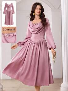 Modelyn Women's Spring/Summer Pink Woven Draped Neck Ruffle Waist A-Line Elegant Romantic Dress Cowl Neck Dress Lantern Sleeve Dress Feminine Dress Purple Long Sleeve Elegant Dress Dusty Rose Dress Women Dress Easter Brunch Romantic Floral Dres Easter Brunch Romantic Floral Dres Global Modest Fashion Dres Soft Pink Satin Modest Midi Dress Spring Break Romantic Outfit Easter Sunday Modest Floral Dress Spring Date Night Midi Dress Garden Party Elegant Dress Premium Satin Fabric Dusty Pink Rose Applique Mi - Pink - View 1