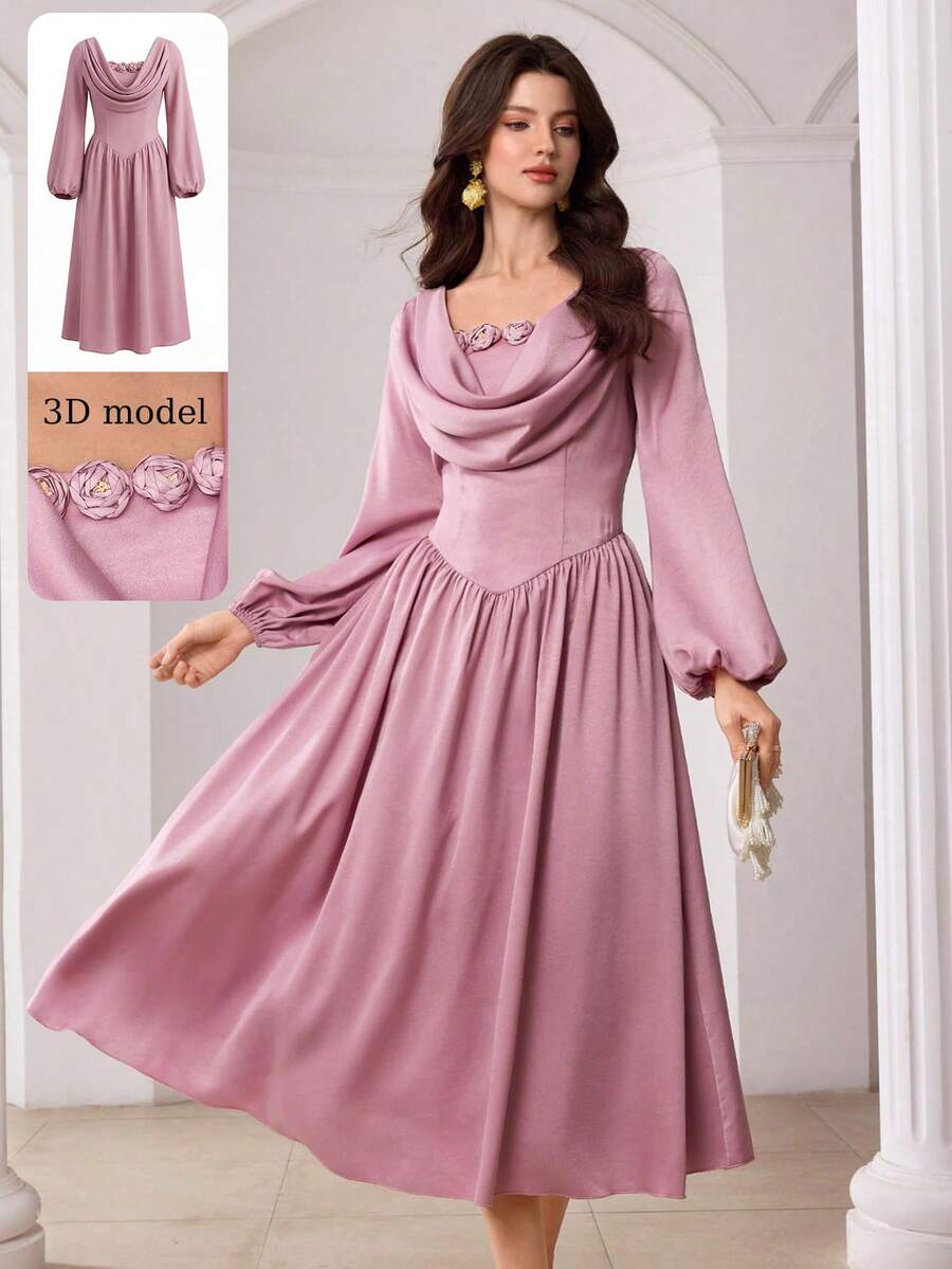 Modelyn Women's Spring/Summer Pink Woven Draped Neck Ruffle Waist A-Line Elegant Romantic Dress Cowl Neck Dress Lantern Sleeve Dress Feminine Dress Purple Long Sleeve Elegant Dress Dusty Rose Dress Women Dress Easter Brunch Romantic Floral Dres Easter Brunch Romantic Floral Dres Global Modest Fashion Dres Soft Pink Satin Modest Midi Dress Spring Break Romantic Outfit Easter Sunday Modest Floral Dress Spring Date Night Midi Dress Garden Party Elegant Dress Premium Satin Fabric Dusty Pink Rose Applique Mi - Pink - View 1