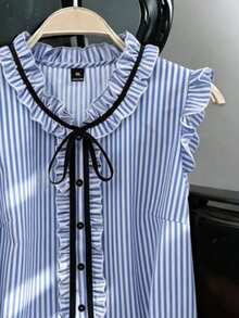 EMERY ROSE Plus Size Women's Striped Ruffled Sleeve Blouse With Elegant Bow Collar For Daily Work And Casual Wear - Blue - View 3