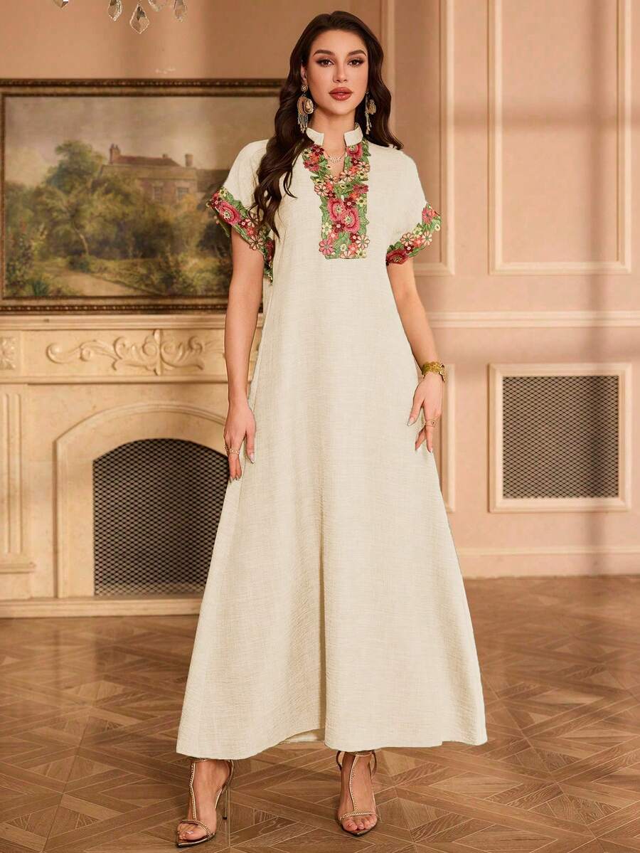 Al Najma Embroidered Collar Floral Raglan Sleeve Mandarin Collar Elegant Dress - Beige - View 1