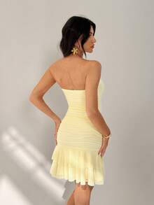 SHEIN Tall Spring/Summer Solid Yellow Cream Strapless Ruched Bodycon Mini Dress With Ruffle Hem, Cute Summer Dress, Brunch Dress, Yellow Dress - Yellow - View 2