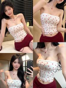 DAZY Áo quây bandeau nữ dáng ôm crop top, in hình trái tim trắng, phong cách thời trang xuân hè, gợi cảm cho lễ hội âm nhạc, Valentine, đi biển và du lịch thường ngày - Màu be - Xem 9