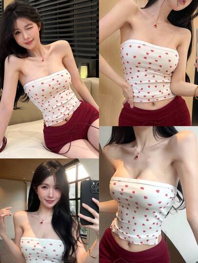 DAZY Spring & Summer Fashion White Heart Print Bandeau Top, Sexy Music Festival, Valentine's Day, Casual Beach Vacation Style, Fitted Cropped Camisole For Women