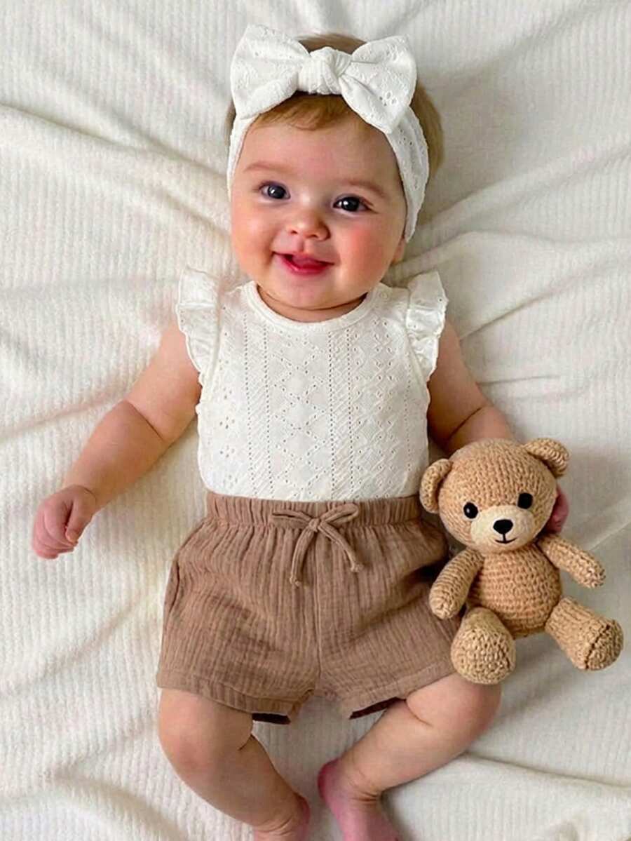 1-Piece Summer Cute White Top And Shorts Set With Elastic Waist - Apricot - View 1