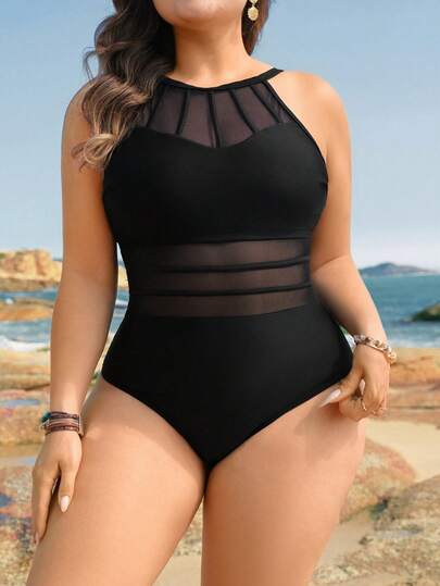 Swim Lushoire Plus Size Women's Solid Color One-Piece Swimsuit With Vertical Stripe Design