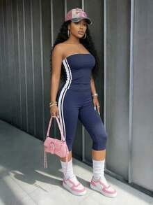 Slaydiva 早春新款，春夏音乐节，情人节，复活节休闲风，简约基础款，Y2K街头甜美风，网红热销款，日常约会，辣妹风，性感运动风，返校季，无肩带标语，英文印花短款背心+七寸裤脚，开衩紧身裤，侧边撞色编织带装饰，深蓝色套装，女士两件套 -A - 藏蓝色 - 查看 5