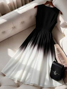 Franclia Ombre Black & White Sleeveless V-Neck Cinched Waist Maxi Dress, Suitable For Banquet And Commute - Black - View 2