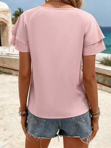 Hotletica Áo sơ mi tay bèo nhún màu trơn cho nữ, Áo tay ngắn - Hồng - Xem 2