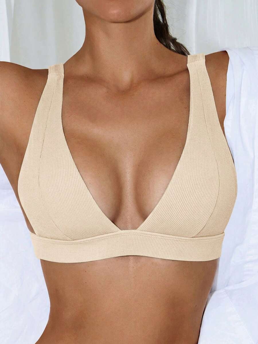 Swim Basics 女士夏季沙滩纯色性感比基尼上衣 - 米色 - 查看 1