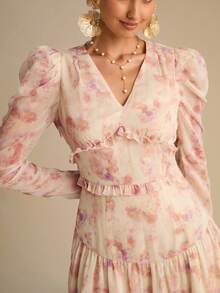 Enchnt Váy dài tay họa tiết hoa thanh lịch dành cho nữ - Hồng - Xem 2