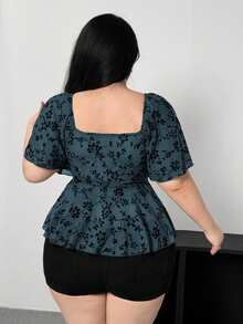 Vibekara Áo kiểu dáng cỡ lớn phong cách Gothic tối màu, cổ vuông, tay bồng ren. - Màu xanh bụi bặm - Xem 2