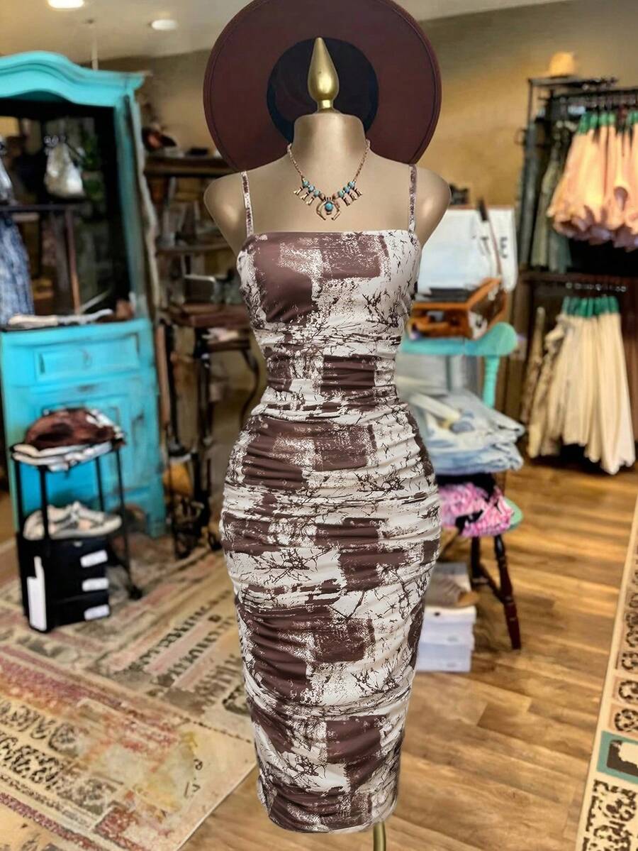 NostaNoir Sexy Tie-Dye Spaghetti Strap Bodycon Dress, Ruched Fitted Midi Dress, Chic New Arrival Bodycon Dress For Women - Coffee - View 1