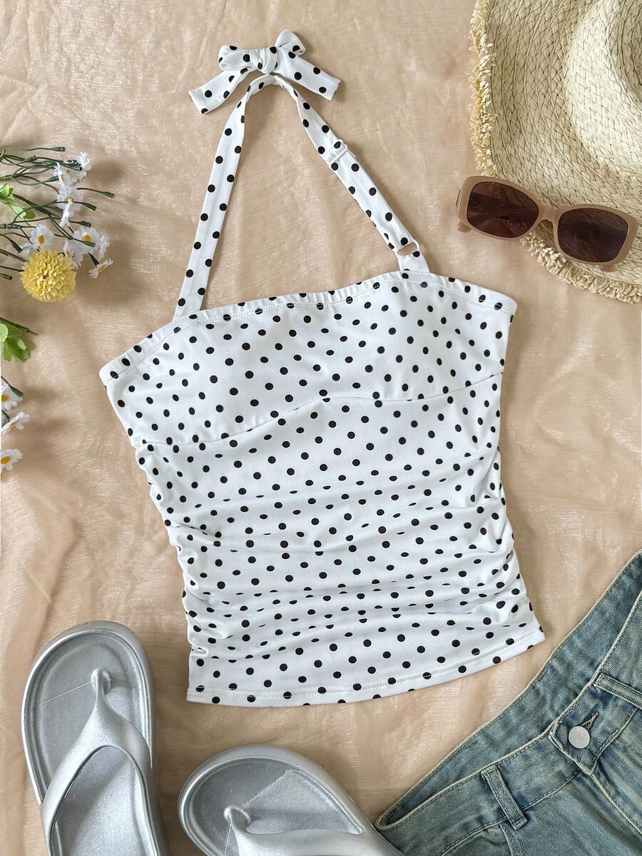 Áo camisole không tay chấm bi thắt nơ chun dành cho nữ tuổi teen, phong cách đường phố mùa xuân và hè, dễ phối đồ, thường ngày, đa năng. - trắng - Xem 1