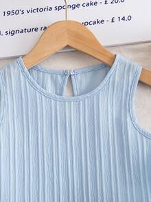 Elladie kids 女童（小号）纹理面料撞色下摆无袖上衣和休闲短裤T恤套装 - 藍色 - 查看 4