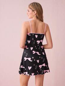 Valentine's Day Cute Bow & Heart Print Y2K Style Camisole Nightgown For Women - Black - View 2
