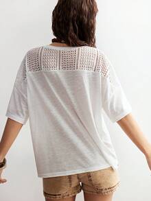 Bohemela Women's Contrast Lace Batwing Short Sleeve Button Design Casual T-Shirt - White - View 6