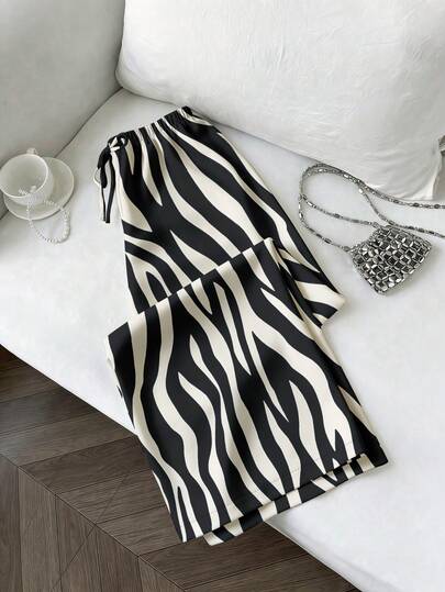 EMERY ROSE Plus Size Women's Casual Wide Leg Pants With Herringbone Floral Pattern, Elastic Waistband And Drawstring Design, Suitable For Spring Wear