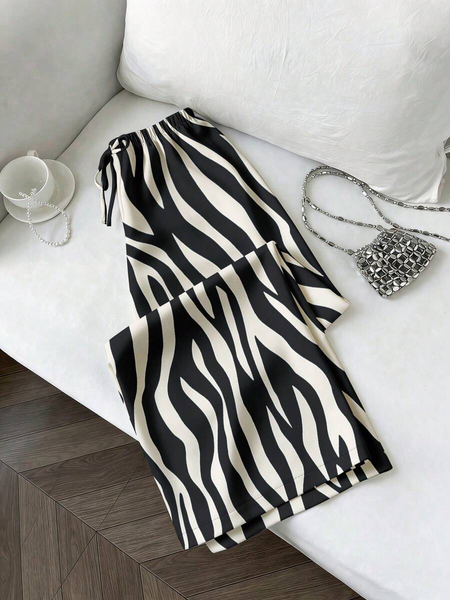 EMERY ROSE Plus Size Women's Casual Wide Leg Pants With Herringbone Floral Pattern, Elastic Waistband And Drawstring Design, Suitable For Spring Wear Zebra Print Trousers Ysk Clothes Zebra Print Pants - Multicolor - View 1