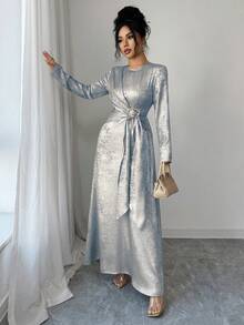 Elenzga 女士优雅休闲通勤度假下午茶派对纯色金属箔面料圆领交叉系带A字长袖连衣裙，春/秋/冬特殊场合晚礼服银色金属连衣裙女士正式连衣裙女士连衣裙优雅经典 - 淺藍色 - 查看 3