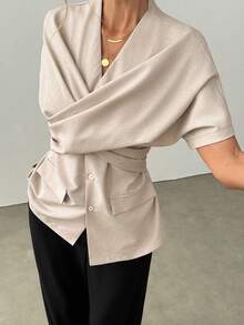 Ritzy Row 时尚燕麦色系带短袖衬衫裙（女款） - 卡其色 - 查看 7