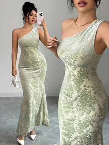 SHEIN Raffinéa Women's Green Flocked High Elasticity Mesh Bodycon Dress - Green - View 1