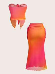 Soleia 全新西部海滩婚礼宾客服装、毕业早午餐、圣帕特里克节、春假、复活节、音乐节、优雅波西米亚风热带返校假期、优雅新款吊带露肩印花网眼上衣和百褶裙两件套 - 彩色 - 查看 2