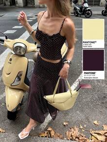 Serisse Women's Polka Dot Camisole And Fitted Skirt 2 Pieces Set, Summer - Red Violet - View 9