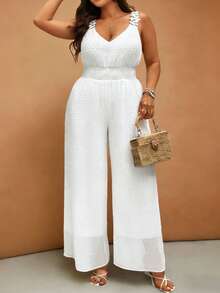 EMERY ROSE Plus Size Elegant French Style Jacquard Floral Trim Waist Straight Leg Jumpsuit, Suitable For Commute, Casual, Vacation, Spring/Summer Elegant Jumpsuits For Woman Wedding Women's Holiday Co Ord Bridal Jumpsuit White Jumpsuit Sleeveless Jumpsuit Womans Jumpsuit - White - View 5