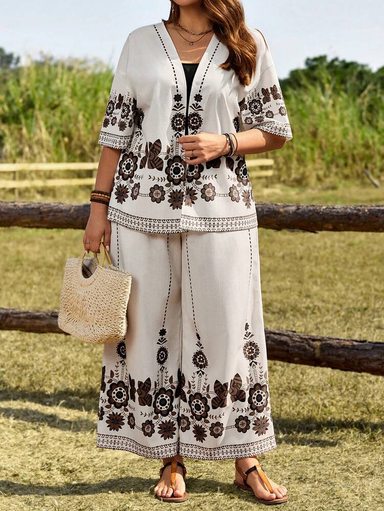 2pc Set Plus Size Women's Summer Casual Vacation Country Floral Print Shirt Top And Wide Leg Pants 2 Piece Set With Pockets,Summer Outfits For Women ,Vacation Outfits Women ,Holiday Outfits For Women,Going Out Outfits,2026 New Clothes,Simple And Fashionable For Everyday Wear,Suitable For Summer, Vacation, Daily Wear, Festival Outfits For Women,Country Concert Outfit,Beach Outfits For Women,Western Style