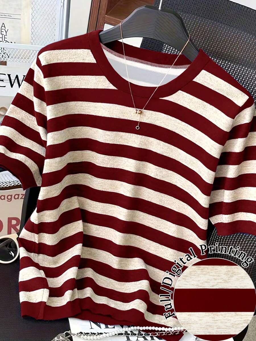 Resyla 女士条纹圆领休闲百搭日常短袖T恤 - 彩色 - 查看 1