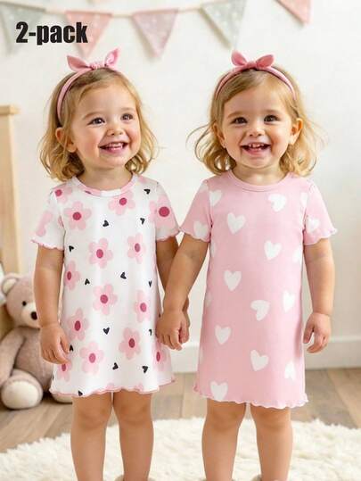 فستان نوم/ملابس منزلية صيفية فضفاضة للبنات الصغيرات بأكمام قصيرة مطبوع عليه قلوب وأزهار، تصميم كرتوني لطيف ناعم بحافة مكرمشة، قطعتان