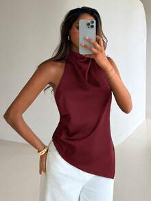 Aloruh Top rojo de cuello halter para mujer, elegante para ir al trabajo, vacaciones, con espalda sexy - Burdeos - Ver 6