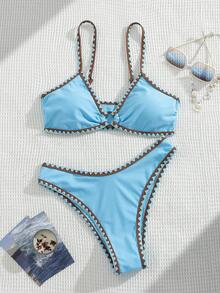 Swim Basics 夏季新款纯色可调节肩带贝壳饰边低腰三角比基尼两件套泳衣套装（女款） - 彩色 - 查看 6