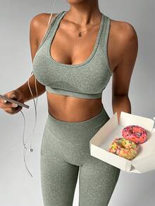 Slayform Women's Solid Color Cropped Tank Top And Leggings Sports Set - Army Green - View 6
