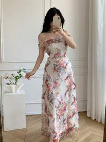 Celisse 女士露肩优雅浪漫露肩收腰修身网纱碎花连衣裙 - 粉色 - 查看 5