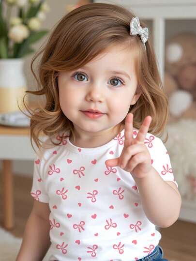 SHEIN Camiseta gráfica de manga corta, cuello redondo, con estampado de lunares, moño y corazón, en color crema y rosa, de estilo casual y lindo para niña bebé, adecuada para el verano