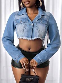 BamGleam Áo khoác denim nữ tay dài dáng lửng, rách gấu, thêu chữ cái. - Rửa nhẹ - Xem 6