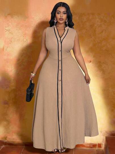 Veslaya 2026春夏新款大码女装，适合音乐节、复活节、西部风、游牧风、生日派对、毕业典礼、学院风、学生日常穿着，百搭基础款，休闲假日外出、优雅派对、舞会等场合，高端优雅卡其色与黑色撞色滚边V领A字长裙，无袖