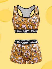 TOM & JERRY X SHEIN Women's Cartoon Print Camisole Bra Set - Brown - View 1