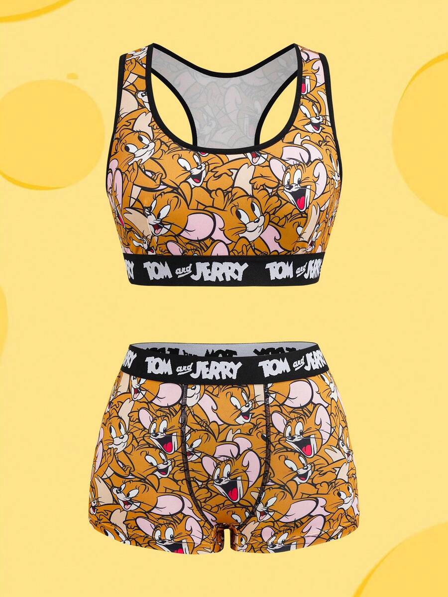 TOM & JERRY X SHEIN Women's Cartoon Print Camisole Bra Set - Brown - View 1