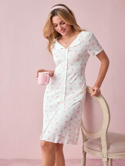 Bonmuse CottageSlumber 女式针织领蝴蝶结装饰浪漫花卉印花短袖睡袍花卉印花睡袍睡裙睡衣纽扣式睡裙女式睡袍女式睡衣裙舒适优雅细节