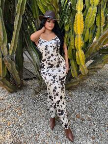 SHEIN SXY Women's White Animal Print Summer Boho Beach Vacation Dress,Cow Print Sleeveless Slip Long Holiday Resort Wear,Havana Nights Western Festival Outfit - Multicolor - View 8