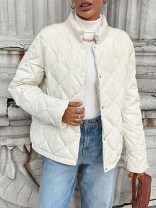 SHEIN LUNE 1 pieza Chaqueta de plumón ligera casual con bolsillo de manga larga para mujer - Albaricoque - Ver 6