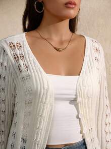 Juhart 白色镂空针织喇叭袖长款开衫，温柔触感 - 白色 - 查看 7