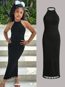 SHEIN Tween Girls Black Knit Texture Spaghetti Strap Snug Fit Backless Tassel Casual Versatile Solid Black Dress - Black - View 1