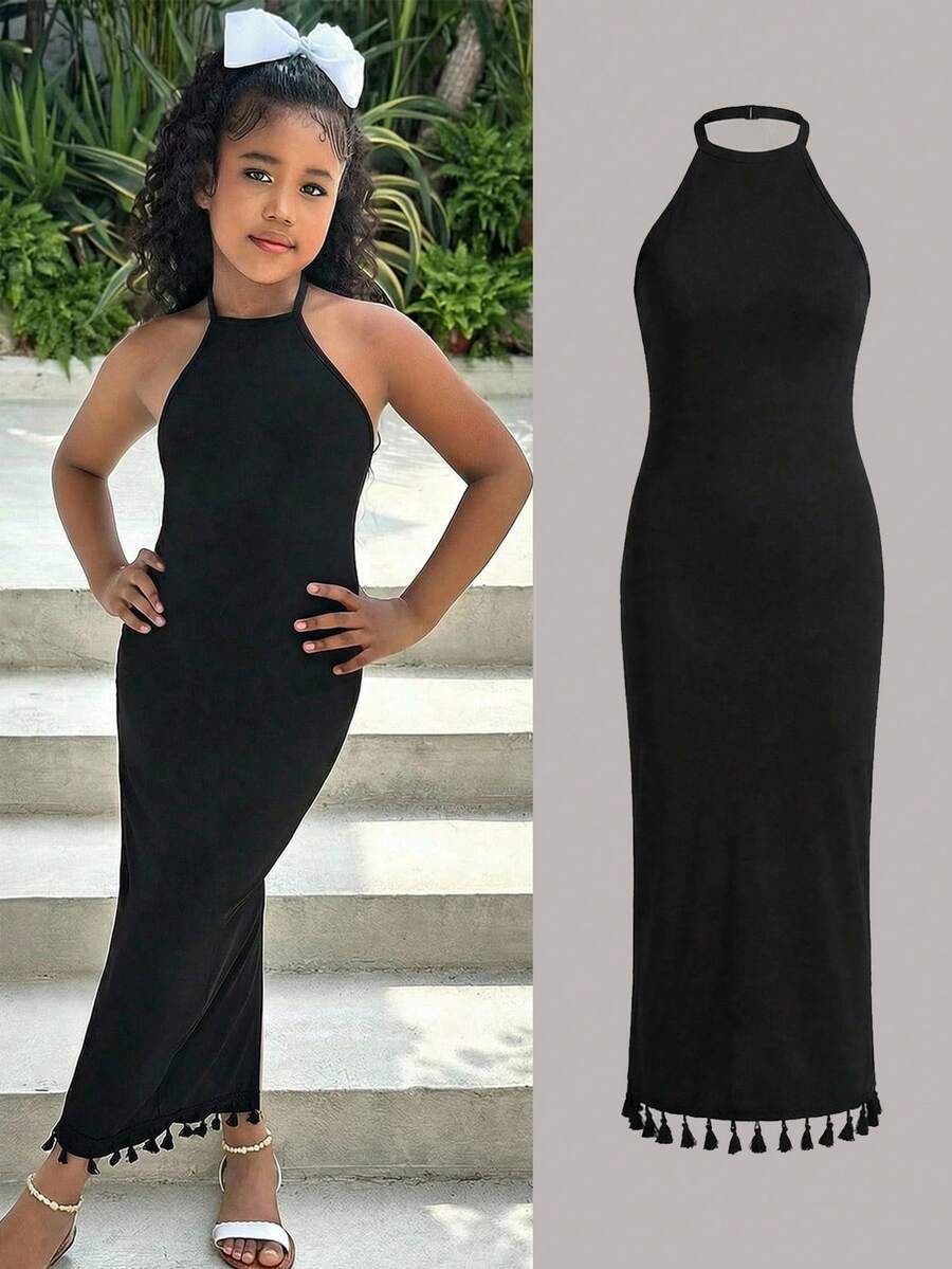 SHEIN Tween Girls Black Knit Texture Spaghetti Strap Snug Fit Backless Tassel Casual Versatile Solid Black Dress - Black - View 1